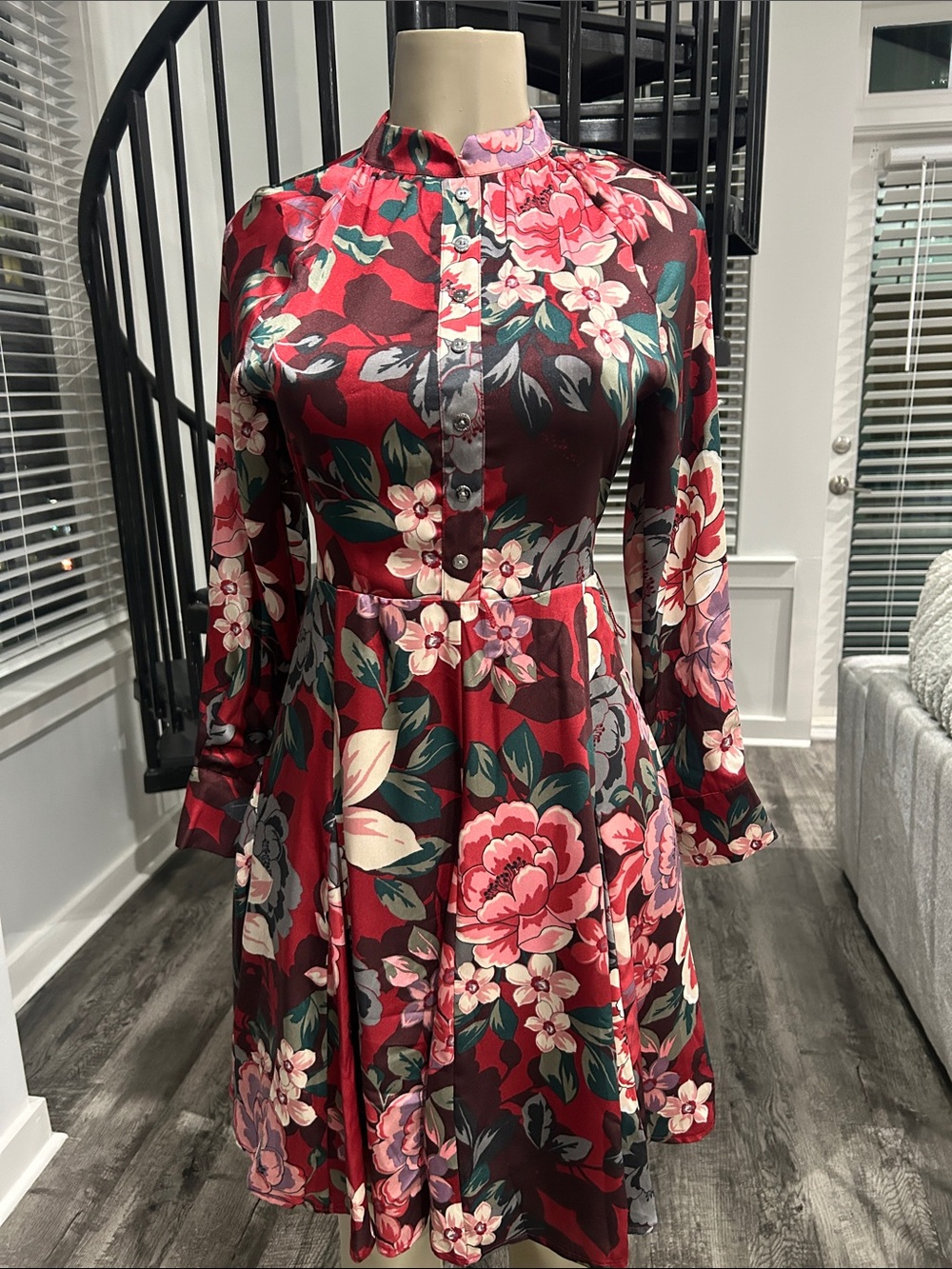 Tahari Burgundy Floral Long-Sleeve Fit & Flare Dress